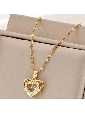 Double-layer three-dimensional gold heart love shspe stainless steel necklace